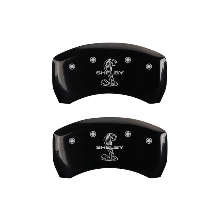 10010RSBYBK Rear Disc Brake Caliper Covers Fits Select Ford Mustang [Black Finish w/ Silver Shelby / Tiffany Snake Engraving]