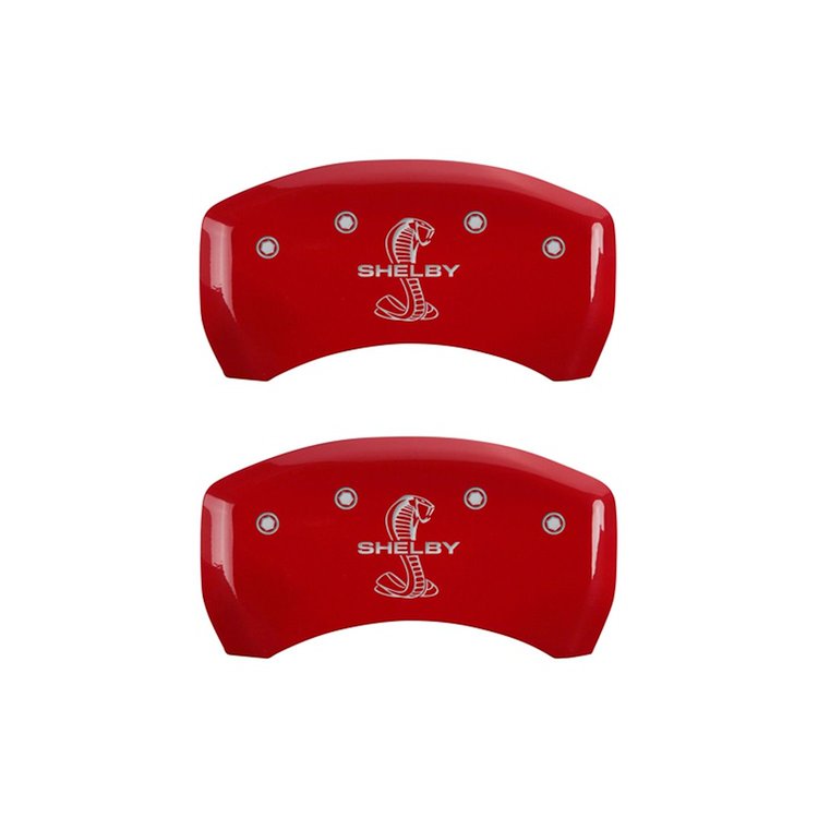 10010RSBYRD Rear Disc Brake Caliper Covers Fits Select Ford Mustang [Red Finish w/ Silver Shelby / Tiffany Snake Engraving]