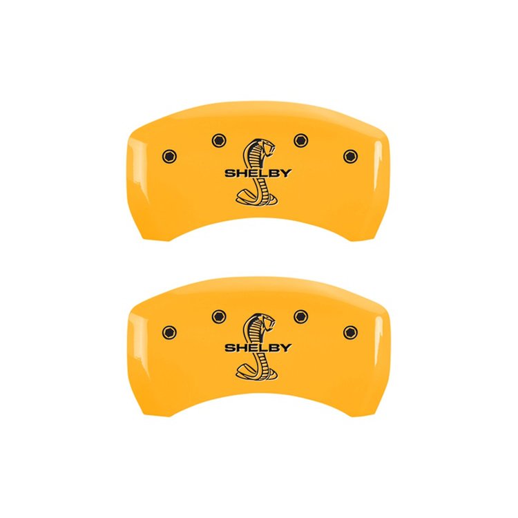 10010RSBYYL Rear Disc Brake Caliper Covers Fits Select Ford Mustang [Yellow Finish w/ Black Shelby / Tiffany Snake Engraving]