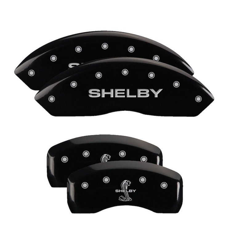 10017SSBYBK Front Disc Brake Caliper Covers Fits Select Ford Mustang [Black Finish w/ Silver Shelby / Tiffany Snake Engraving]