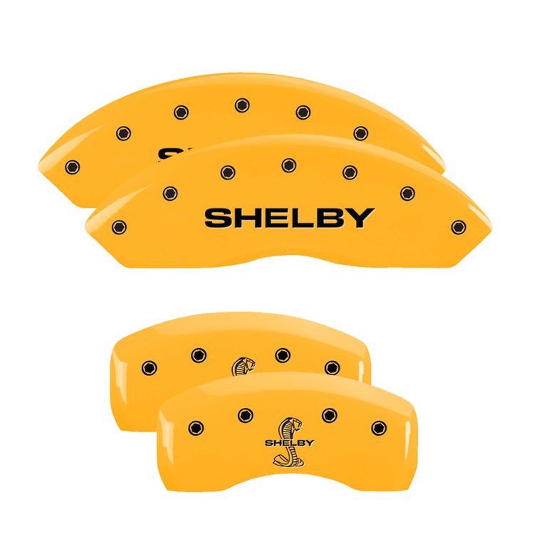 10017SSBYYL Front Disc Brake Caliper Covers Fits Select Ford Mustang [Yellow Finish w/ Black Shelby / Tiffany Snake Engraving]
