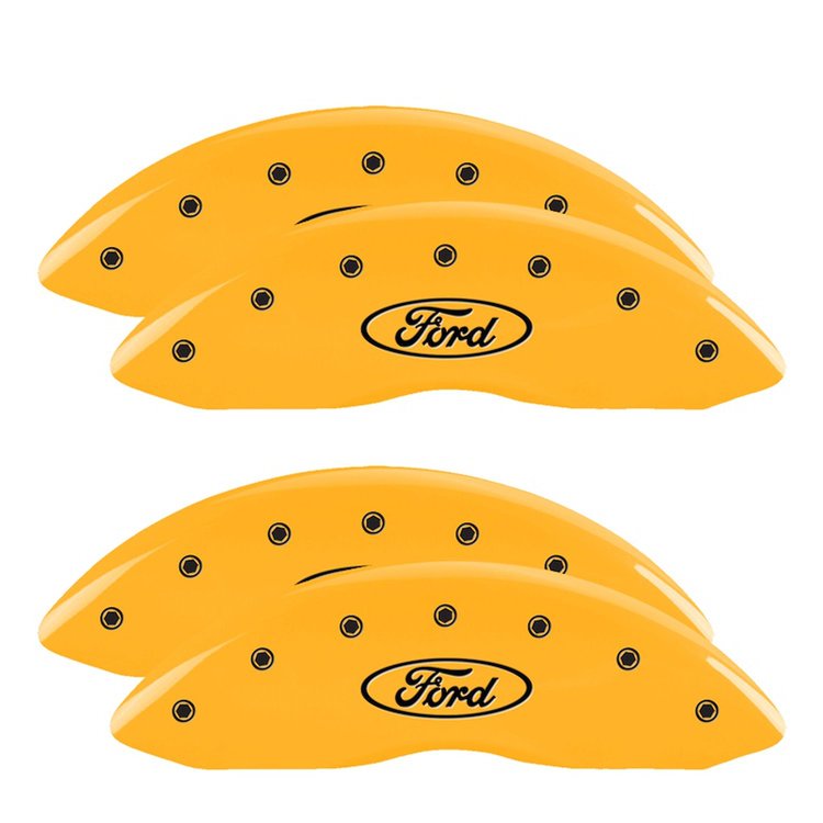 10056SFRDYL Front/Rear Disc Brake Caliper Covers Fits Ford F-250 SD/Ford F-350 SD [Yellow w/Black Ford Oval Logo]