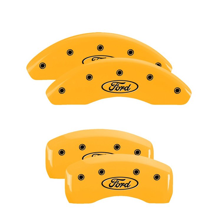 10072SFRDYL Front & Rear Disc Brake Caliper Covers Fits Select Ford Fusion [Yellow Finish w/ Black Ford Oval Logo]