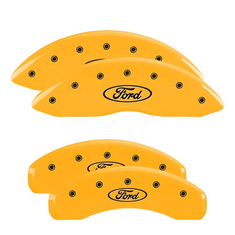 10081SFRDYL Front & Rear Disc Brake Caliper Covers for 2010-2018 Ford Taurus [Yellow Finish w/ Black Ford Oval Logo]