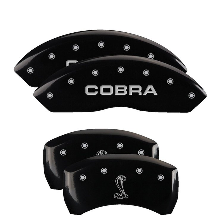 10197SCNKBK Front Disc Brake Caliper Covers Fits Select Ford Mustang [Black Finish w/ Silver COBRA / Tiffany Snake Logo]