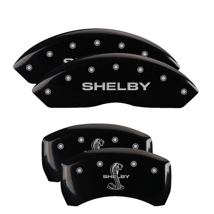 10197SSBYBK Front Disc Brake Caliper Covers Fits Select Ford Mustang [Black Finish w/ Silver Shelby / Tiffany Snake Engraving]