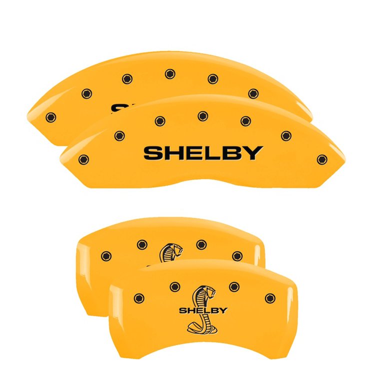 10197SSBYYL Front Disc Brake Caliper Covers Fits Select Ford Mustang [Yellow Finish w/ Black Shelby / Tiffany Snake Engraving]