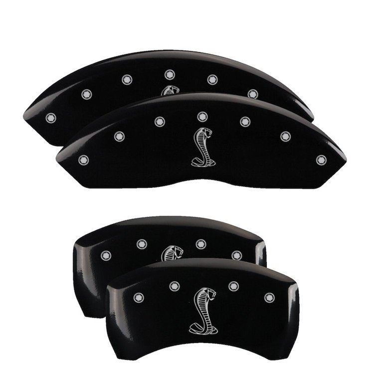 10197SSNKBK Front & Rear Disc Brake Caliper Covers Fits Select Ford Mustang [Black Finish w/ Silver Tiffany Snake Logo]