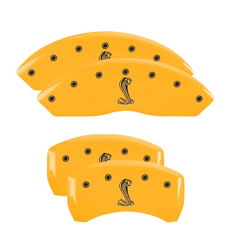 10197SSNKYL Front & Rear Disc Brake Caliper Covers Fits Select Ford Mustang [Yellow Finish w/ Black Tiffany Snake Logo]