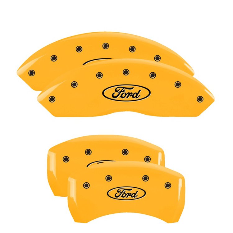 10198SFRDYL Front & Rear Disc Brake Caliper Covers for 2010-2014 Ford Mustang [Yellow Finish w/ Black Ford Oval Logo]