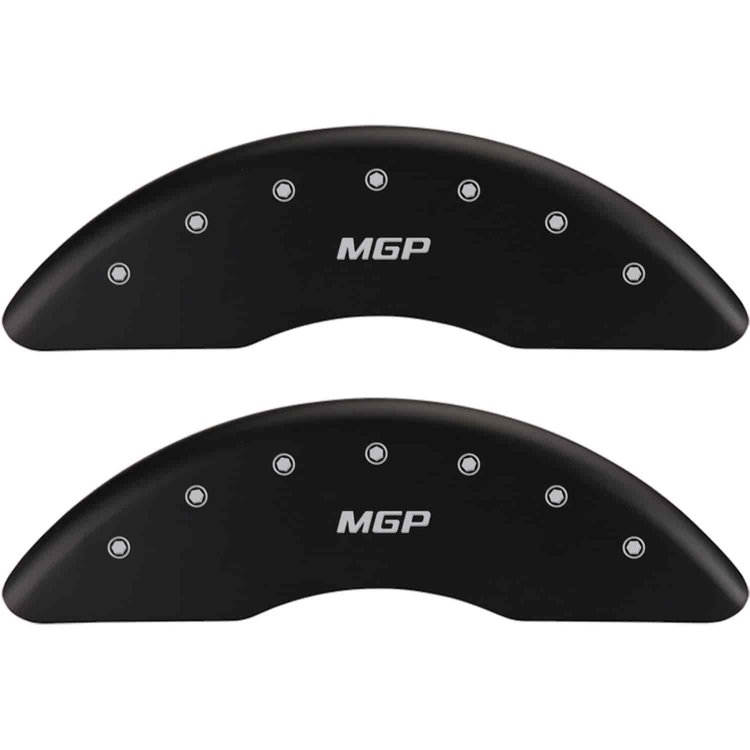 Set of 4 caliper covers Engraved Front and Rear MGP Matte Black powder coat finish silver characters.