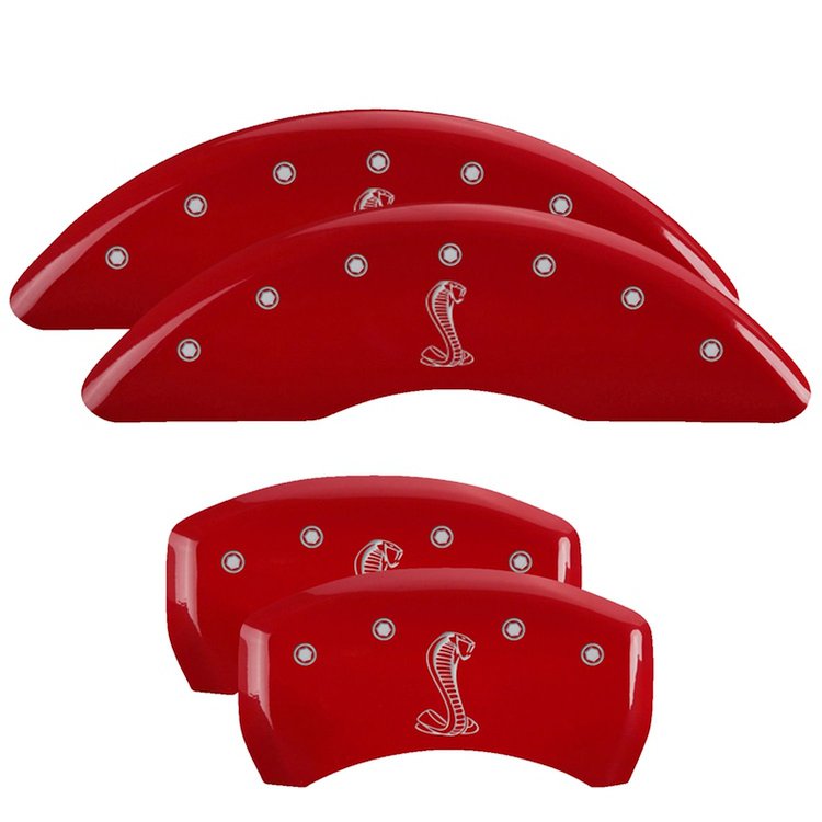 10200SSNKRD Front & Rear Disc Brake Caliper Covers Fits Select Ford Mustang [Red Finish w/ Silver Tiffany Snake Logo]