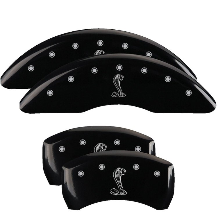 10201SSNKBK Front & Rear Disc Brake Caliper Covers Fits Select Ford Mustang [Black Finish w/ Silver Tiffany Snake Logo]