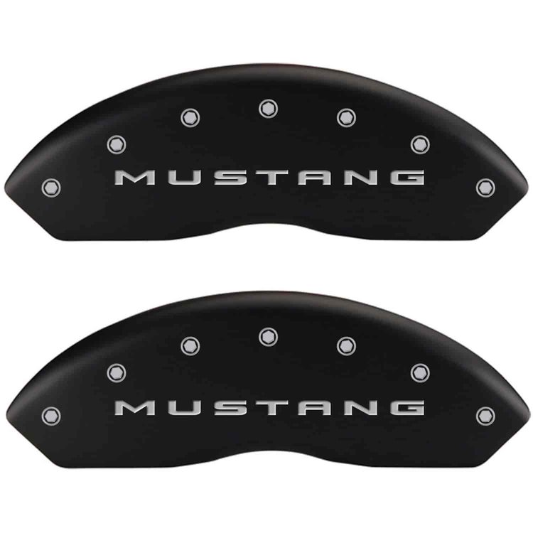 Set of 4 caliper covers Engraved Front 2015/Mustang - Engraved Rear 2015/3.7 Matte Black powder coat finish silver characters.