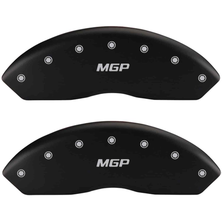 Set of 4 caliper covers Engraved Front and Rear MGP Matte Black powder coat finish silver characters.
