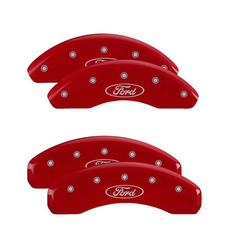 10227SFRDRD Front & Rear Disc Brake Caliper Covers Fits Select Ford Ranger [Red Finish w/ Silver Ford Oval Logo]