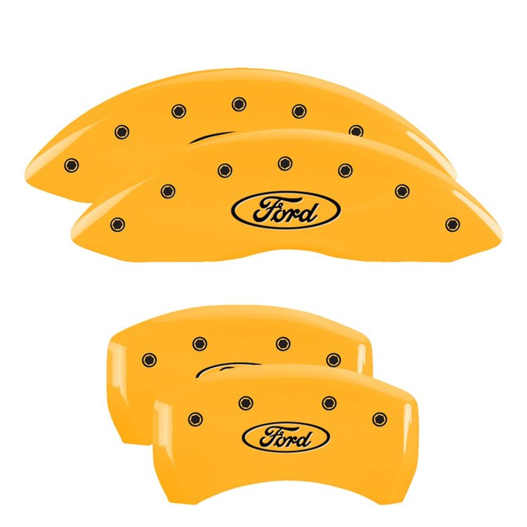 10230SFRDYL Front & Rear Disc Brake Caliper Covers for 2013-2019 Ford Flex [Yellow Finish w/ Black Ford Oval Logo]