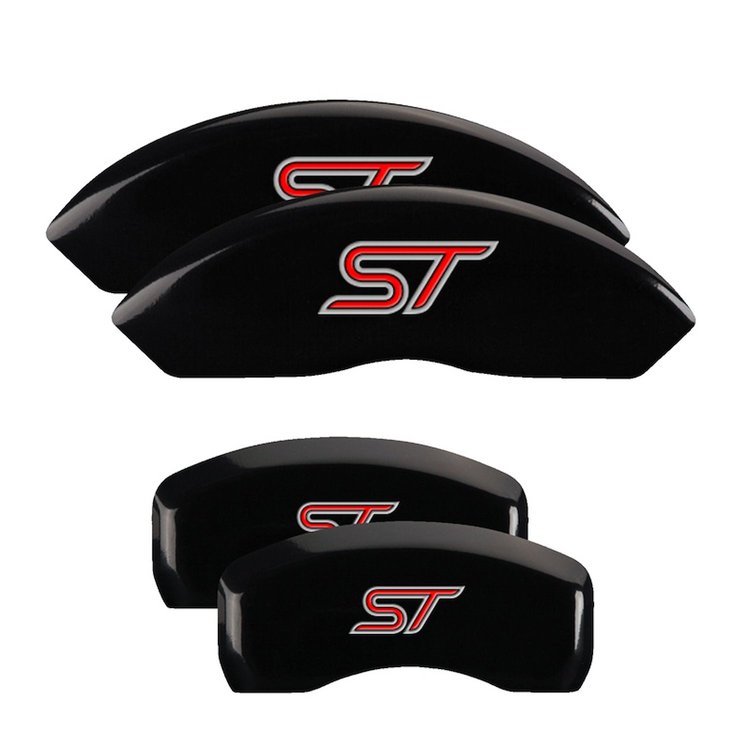 10231SST1BK Front & Rear Disc Brake Caliper Covers for 2013-2018 Ford Focus [Black Finish w/ Silver ST (No Bolts)]