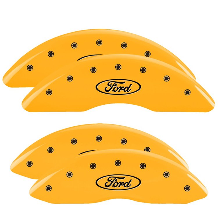 10235SFRDYL Front/Rear Disc Brake Caliper Covers Fits Ford F-250 SD/Ford F-350 SD [Yellow w/Black Ford Oval Logo]