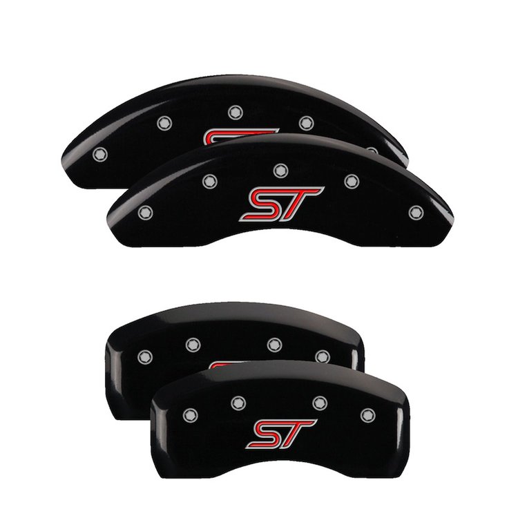 10236SSTOBK Front & Rear Disc Brake Caliper Covers for 2014-2017 Ford Fiesta [Black Finish w/ Silver ST]