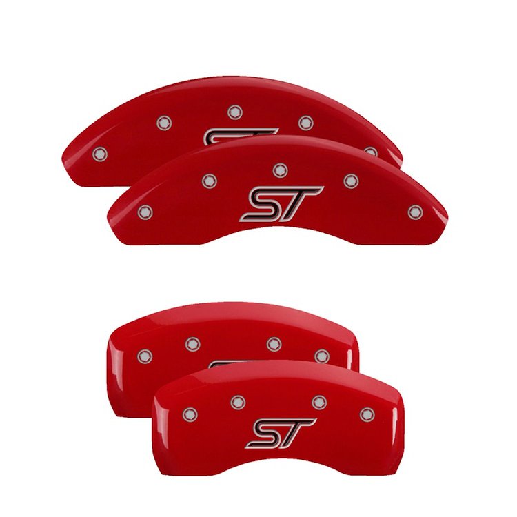 10236SSTORD Front & Rear Disc Brake Caliper Covers for 2014-2017 Ford Fiesta [Red Finish w/ Silver ST]