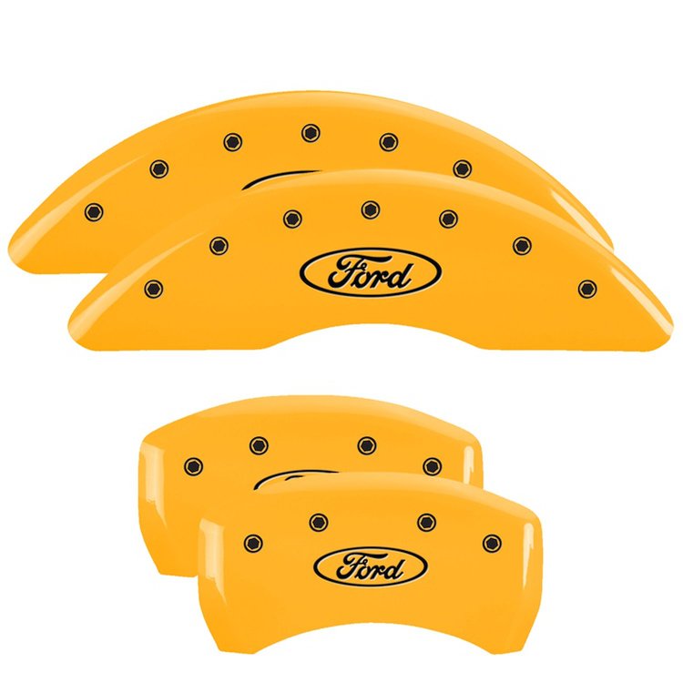 10258SFRDYL Front & Rear Disc Brake Caliper Covers Fits Select Ford Edge [Yellow Finish w/ Black Ford Oval Logo]
