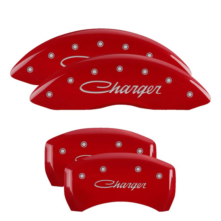 12001SCHSRD Front/Rear Disc Brake Caliper Covers Fits Dodge Challenger/Charger/Dodge Magnum [Red w/Silver Charger (Cursive)]