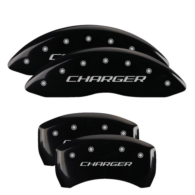 12005SCHBBK Front/Rear Disc Brake Caliper Covers Fits Dodge Challenger/Charger/Dodge Magnum [Black w/Silver Charger (Block)]