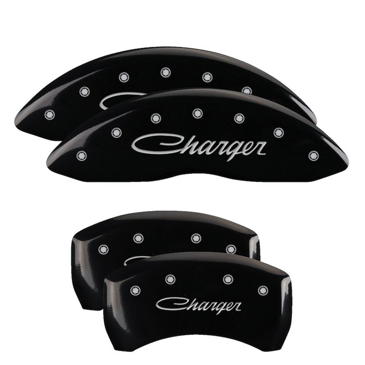 12005SCHSBK Front/Rear Disc Brake Caliper Covers Fits Dodge Challenger/Charger/Dodge Magnum [Black w/Silver Charger (Cursive)]