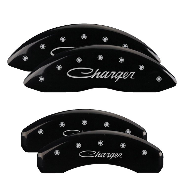 12088SCHSBK Front/Rear Disc Brake Caliper Covers Fits Dodge Challenger/Charger/Dodge Magnum [Black w/Silver Charger (Cursive)]
