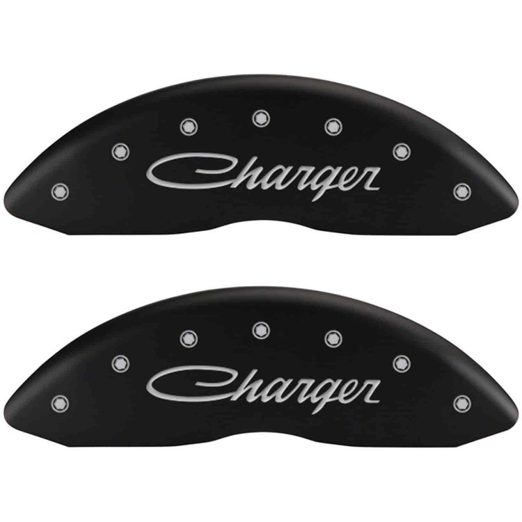 Charger/Charger Cursive Matte Black Powder Coat Finish Silver Characters.