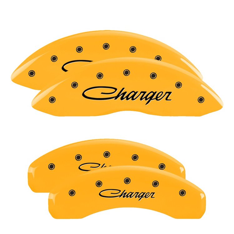 12088SCHSYL Front/Rear Disc Brake Caliper Covers Fits Dodge Challenger/Charger/Dodge Magnum [Yellow w/Black Charger (Cursive)]