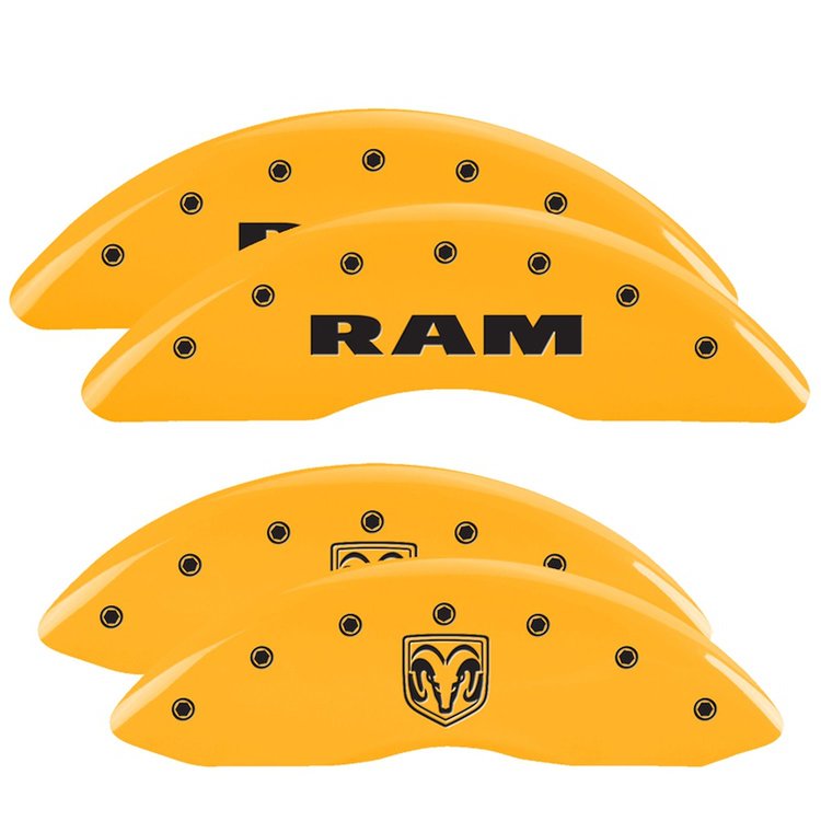 12124SRMHYL Front Disc Brake Caliper Covers for 2010 Dodge Ram 2500, 2010 Dodge Ram 3500 [Yellow Finish w/ Black RAM / RAMHEAD]