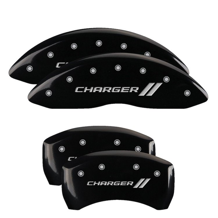 12162SCH1BK Front & Rear Disc Brake Caliper Covers Fits Select Dodge Challenger/Dodge Charger [Black w/Silver Charger ll]