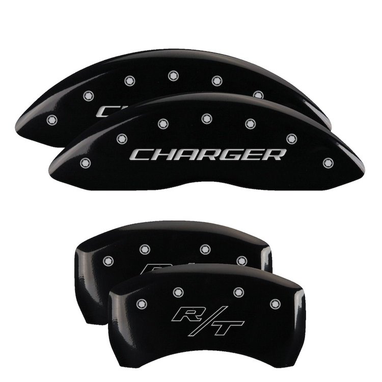 12162SCHRBK Front Disc Brake Caliper Covers Fits Select Dodge Challenger, Dodge Charger [Black Finish w/ Silver Charger / RT]