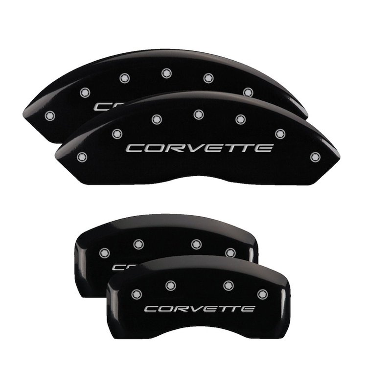 13007SCV5BK Front & Rear Disc Brake Caliper Covers Fits Select Chevy Corvette [Black Finish w/ Silver Corvette (C5)]