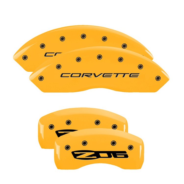 13007SCZ5YL Front Disc Brake Caliper Covers Fits Select Chevy Corvette [Yellow Finish w/ Black Corvette / Z06 (C5)]