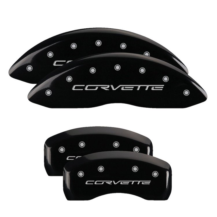 13008SCV6BK Front & Rear Disc Brake Caliper Covers for 2005-2013 Chevy Corvette [Black Finish w/ Silver Corvette (C6)]