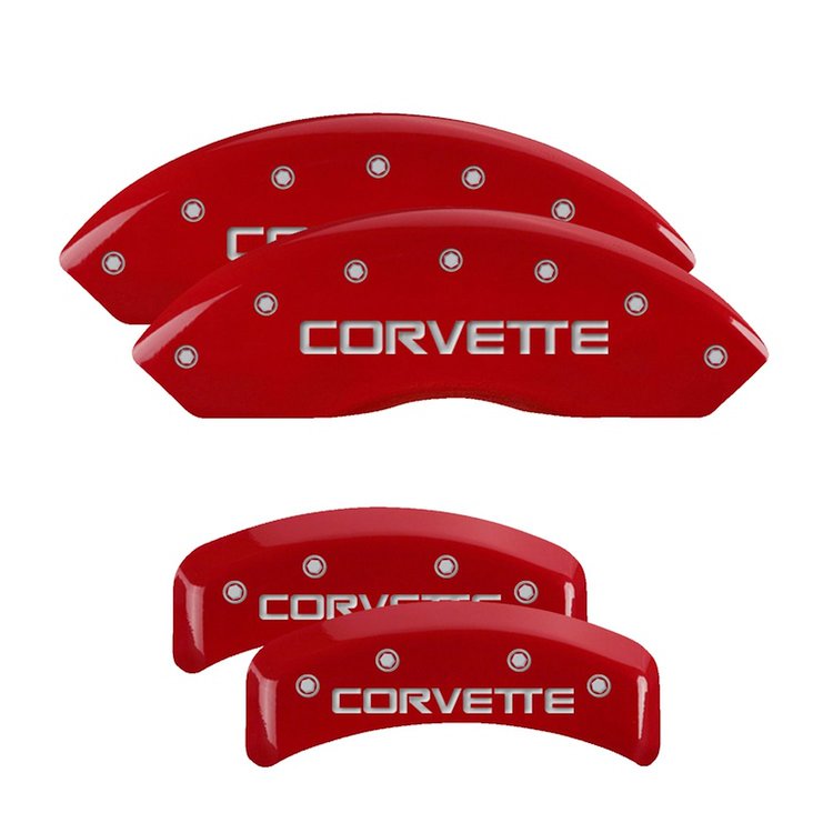 13013SCV4RD Front & Rear Disc Brake Caliper Covers Fits Select Chevy Corvette [Red Finish w/ Silver Corvette (C4)]