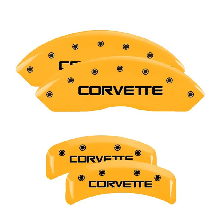 13013SCV4YL Front & Rear Disc Brake Caliper Covers Fits Select Chevy Corvette [Yellow Finish w/ Black Corvette (C4)]