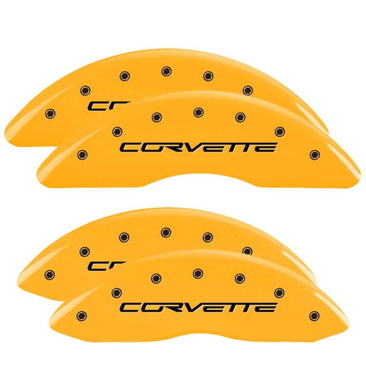 13083SCV6YL Front & Rear Disc Brake Caliper Covers Fits Select Chevy Corvette [Yellow Finish w/ Black Corvette (C6)]