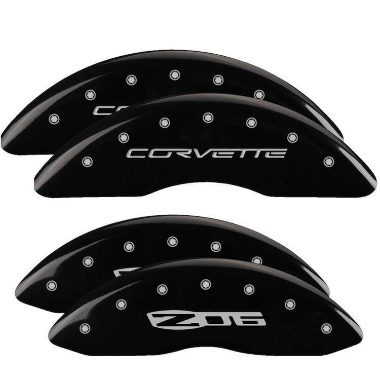 13083SCZ6BK Front Disc Brake Caliper Covers Fits Select Chevy Corvette [Black Finish w/ Silver Corvette / Z06 (C6)]