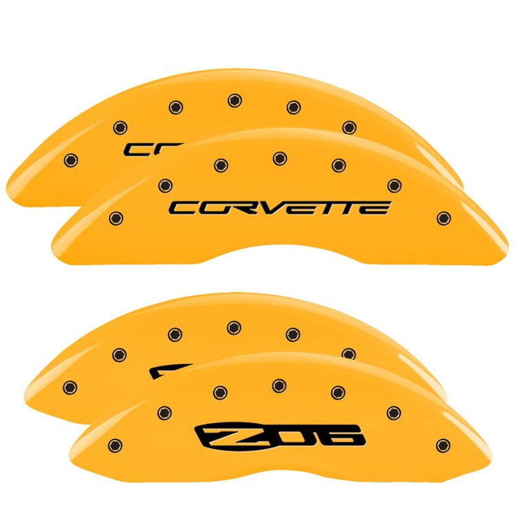 13083SCZ6YL Front Disc Brake Caliper Covers Fits Select Chevy Corvette [Yellow Finish w/ Black Corvette / Z06 (C6)]