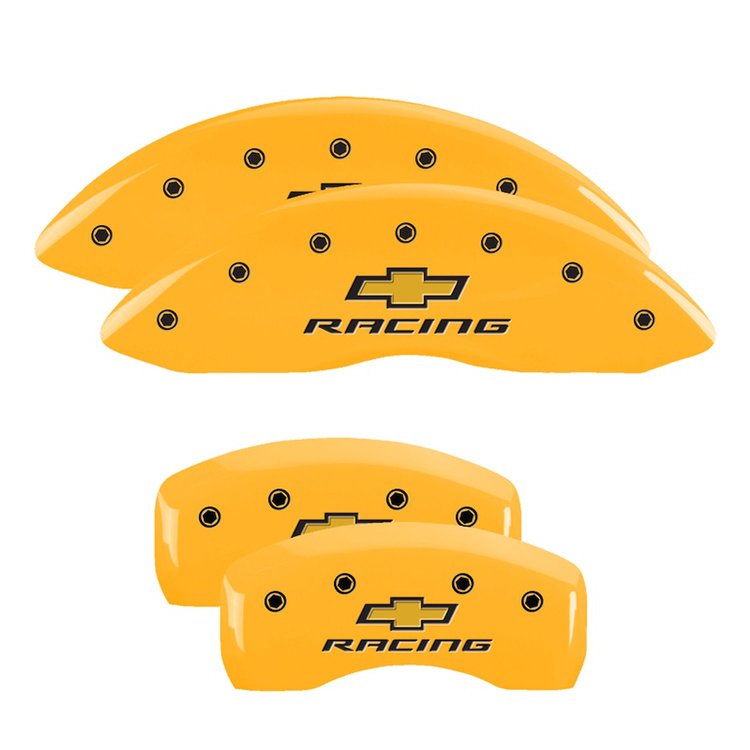 14006SBRCYL Front & Rear Disc Brake Caliper Covers for 2010-2013 Chevy Impala [Yellow Finish w/ Black Chevy Racing]