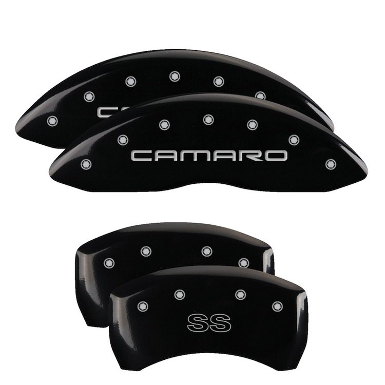 14027SCS4BK Front Disc Brake Caliper Covers for 1998-2002 Chevy Camaro [Black Finish w/ Silver Camaro / SS (Gen 4)]