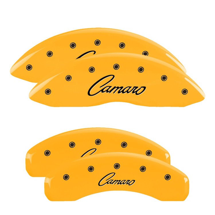 14033SCCSYL Front & Rear Disc Brake Caliper Covers for 2010-2015 Chevy Camaro [Yellow Finish w/ Black Camaro (Cursive)]