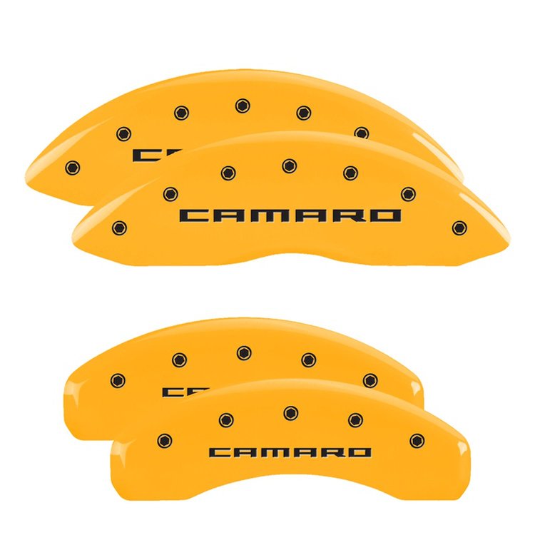 14036SCA5YL Front & Rear Disc Brake Caliper Covers for 2010-2015 Chevy Camaro [Yellow Finish w/ Black Camaro (Gen 5/6)]