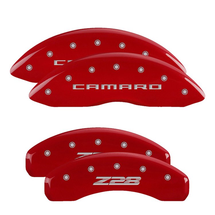 14036SZ85RD Front Disc Brake Caliper Covers for 2010-2015 Chevy Camaro [Red Finish w/ Silver Camaro / Z28 (Gen 5)]