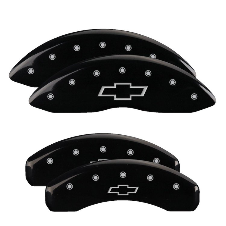 14048SBOWBK Front/Rear Brake Caliper Covers Fits Chevy Avalanche/Silverado 1500 HD/2500/3500 [Black w/Silver Bowtie]
