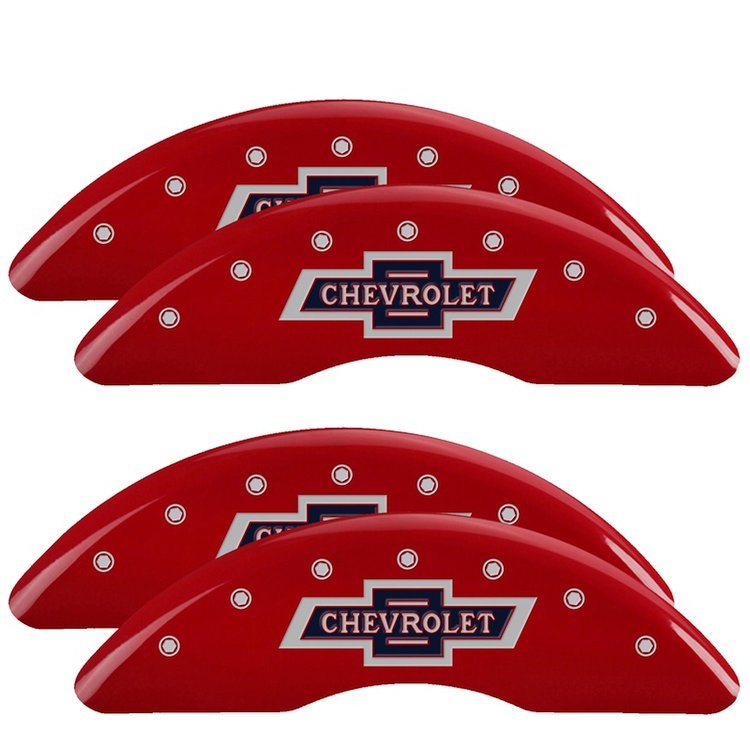 14173SBANRD Front/Rear Brake Caliper Covers Fits Chevy Silverado 2500/Silverado 3500 HD [Red w/Silver 100 Anniversary Chevrolet]